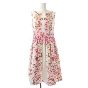 ノースリーブフラワーワンピース 膝丈 フレア ギャザー クルーネック 0 オフホワイト マルチカラー