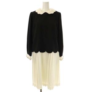 ワンピース スカラップ襟 プリーツ 袖ビジュー ひざ丈 長袖 1 黒 ブラック 白 ホワイト