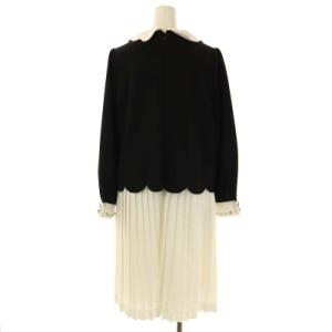 Chesty ワンピース スカラップ襟 プリーツ 袖ビジュー ひざ丈 長袖 1 黒 ブラック 白 ホワイト