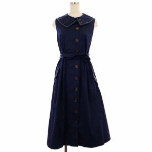 20SS トレンチワンピース ミモレ丈 ロング ノースリーブ リボンベルト付き 0 紺 ネイビー