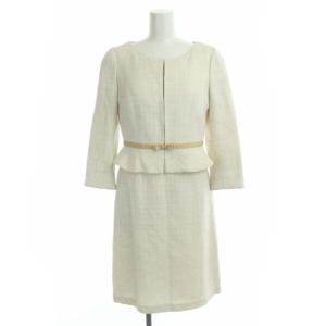 ワンピーススーツ セットアップ ツイード ラメ ノーカラージャケット 膝丈 半袖 タイト 0 ライトベージュ