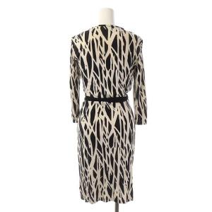 DIANE von FURSTENBERG 総柄 ラップワンピース ひざ丈 七分袖 総柄 リボン シルク オフホワイト 黒 ブラック