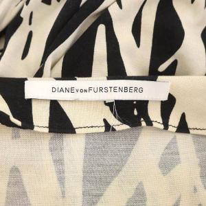 DIANE von FURSTENBERG 総柄 ラップワンピース ひざ丈 七分袖 総柄 リボン シルク オフホワイト 黒 ブラック