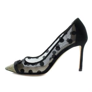 JIMMY CHOO DOROTHY 85 パンプス ポインテッドトゥ ドット ハイヒール スエード レース リボン 37 24cm 黒 ブラック