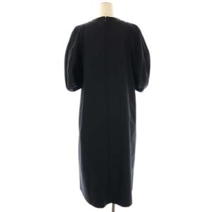 ENFOLD C SOLOギャバ 立体スリーブドレス ワンピース クルーネック 七分袖 ロング セミフレア 38 濃紺 ダークネイビー