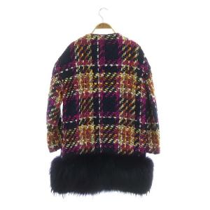 Grace Class ファー切替 ツイードコート ノーカラー ウール ラクーンファー 34 ネイビー マゼンタ