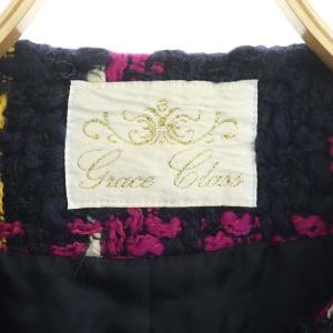 Grace Class ファー切替 ツイードコート ノーカラー ウール ラクーンファー 34 ネイビー マゼンタ