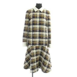 21AW カラーツイードチェックワンピース ニット ロング 長袖 フレア 切替 36 マルチカラー