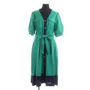 リネンタッチバイカラーワンピース ロング 五分袖 パフスリーブ 前開き リボンベルト付き 36 緑 紺 グリーン ネイビー