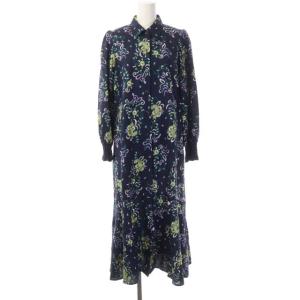 20AW 刺繍シャツワンピース ロング フレア 長袖 総柄 36 紺 ネイビー マルチカラー