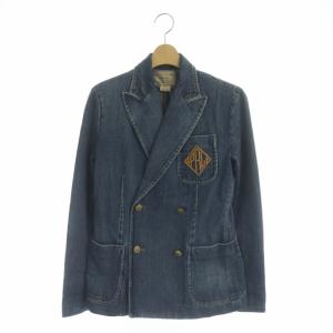 ダブルブレストデニムジャケット ブレザー 金ボタン 刺繍 ミドル丈 2 インディゴ 紺