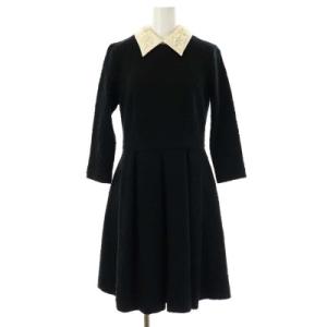 ビーズ衿 ワンピース ジャガード 九分袖 ミモレ丈 ロング タック 36 黒 白 ブラック ホワイト