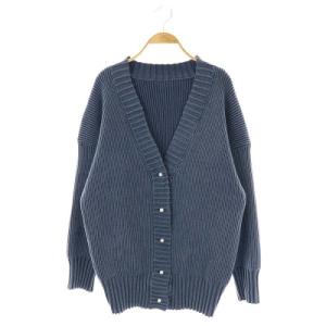 21AW ソフトコアヤーンVネックカーディガン リブニット パールボタン 厚手 ミドル丈 長袖 紺 ネイビー