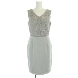 コード刺繍ノースリーブワンピース 膝丈 タイト Vネック 36 グレー