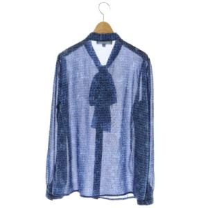 MICHAEL Michael Kors 総柄リボンブラウス シャツ シアー 長袖 比翼仕立て L 青 黒 ブルー ブラック MS94L3CAWT