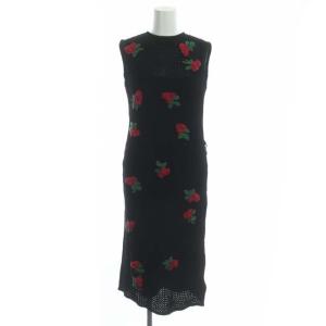 21AW アップリケフラワーニットワンピース ロング ノースリーブ 36 ブラック レッド グリーン