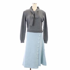 20年 パールニットワンピース ロング ミモレ丈 切替 長袖 1 グレー 水色 ライトブルー