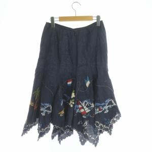KEITA MARUYAMA フレアスカート ミモレ丈 ロング リネン 刺繍 1 紺 ネイビー マルチカラー