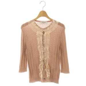 カーディガン ニット レースフリル 七分袖 クルーネック ケーブル XL ピンクベージュ ベージュ
