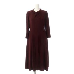 ボウタイプリーツワンピース フレア 九分袖 ロング 36 ワイン