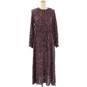 マルチ総柄ワンピース ロング フレア 長袖 バンドカラー マルチカラー