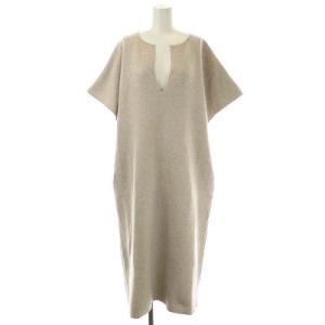 ダブルフェイス ワンピース ニット ロング 半袖 キーネック バックスリット ベージュ
