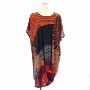 キカ柄 チュニック ワンピース ひざ丈 半袖 ストレッチ 2 黒 ブラック マルチカラー