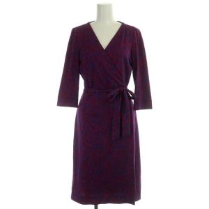 カシュクール ワンピース Vネック フレア ミディ ひざ丈 七分袖 シルク混 4 青 ブルー ダークピンク