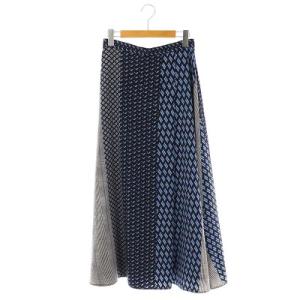 フレアスカート ラップライク ロング マルチプリント 総柄 40 紺 青 黒 ネイビー ブルー ブラック