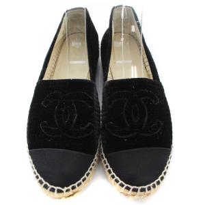 CHANEL ココマーク ベロア エスパドリーユ スリッポン シューズ 37 24cm 黒 ブラック