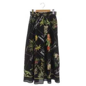 22SS ランダムボタニカル柄 フレアスカート ロング ギャザー 花柄 36 黒 マルチカラー