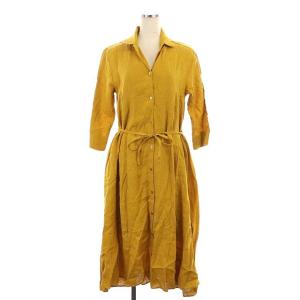 リネン シャツドレス ワンピース ロング 七分袖 M 黄 イエロー
