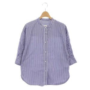20SS パールボタンギャザースリーブシャツ バンドカラー 七分袖 F 白 紺  ホワイト ネイビー