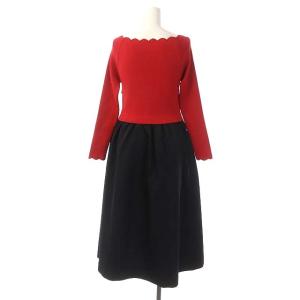 Chesty 22AW スカラップニットドッキングワンピース 切替 フレア ロング バイカラー 長袖 0 黒 赤 ブラック レッド