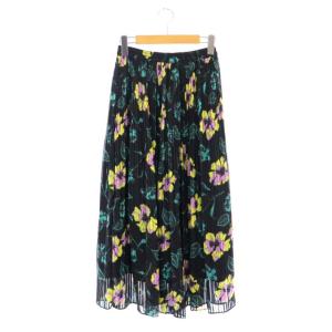 ハイビスカスプリーツスカート ロング 36 黒 ブラック マルチカラー