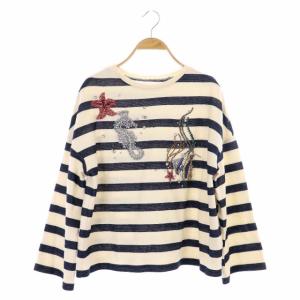 カットソー 長袖 シーモチーフトップ ビジュー ボーダー 36 白 紺 ホワイト ネイビー
