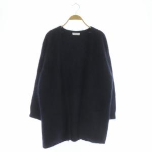 ヘアリーノーカラーミドルカーディガン ニット 長袖 紺 ネイビー