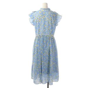 Chesty フリルワンピース フレア リボン ミモレ丈 ロング 花柄 フレンチスリーブ 1 水色 ライトブルー アイボリー