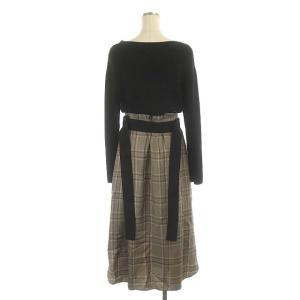 ADORE 19AW ヴィスコースチェックドッキングワンピース ニット ロング フレア 長袖 Vネック 38 黒 ブラック ベージュ 茶色