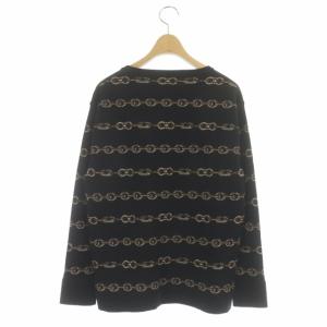 Max Mara ウールチェーン柄ニット カットソー 長袖 クルーネック 総柄 プルオーバー S 黒 ブラック 茶色 ブラウン 白 ホワイト