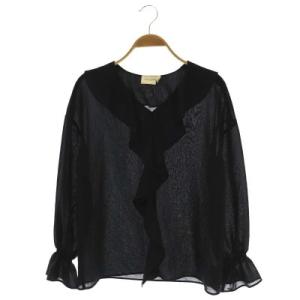 ラッフルVネックブラウス シャツ シアー 長袖 プルオーバー 36 黒 ブラック