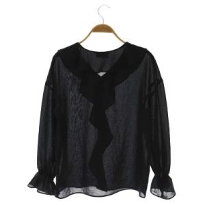 UNITED ARROWS ラッフルVネックブラウス シャツ シアー 長袖 プルオーバー 36 黒 ブラック