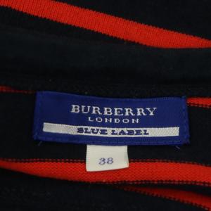 BURBERRY BLUE LABEL ボーダーワンピース 膝丈 七分袖 ボートネック ロゴ刺繍 38 紺 ネイビー 赤 レッド
