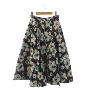 フラワージャカードタフタスカート タック 花柄 総柄 フレア ロング 36 黒 ブラック グレー 緑 グリーン