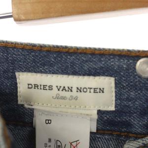 DRIES VAN NOTEN レザーパッチタックワイドデニムパンツ ボタンフライ 34 青
