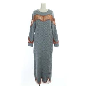 21SS レース切替ニットワンピース ロング タイト 長袖 クルーネック 36 ライトブルー オレンジ色