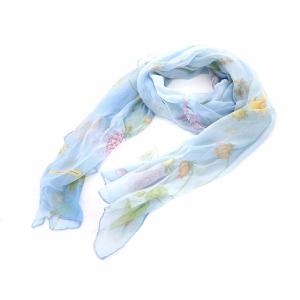 シルクショールストール フラワー柄 水色 ブルー