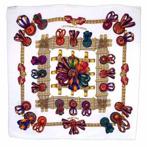 HERMES スカーフ カレ90 LES RUBANS DU CHEVAL 馬のリボン シルク 白 ホワイト