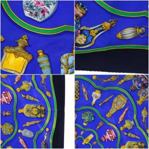 HERMES スカーフ カレ90 Pourvu quon ait livresse 香水柄 シルク 青 ブルー 紺 ネイビー