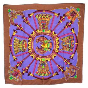 スカーフ カレ90 caty  古代エジプト スカラベ柄 シルク 紫 パープル 茶色 ブラウン